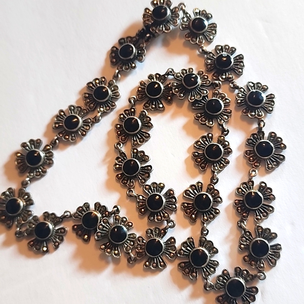 #28 Native American hallmarked sterling silver 925 marcasite & black onyx